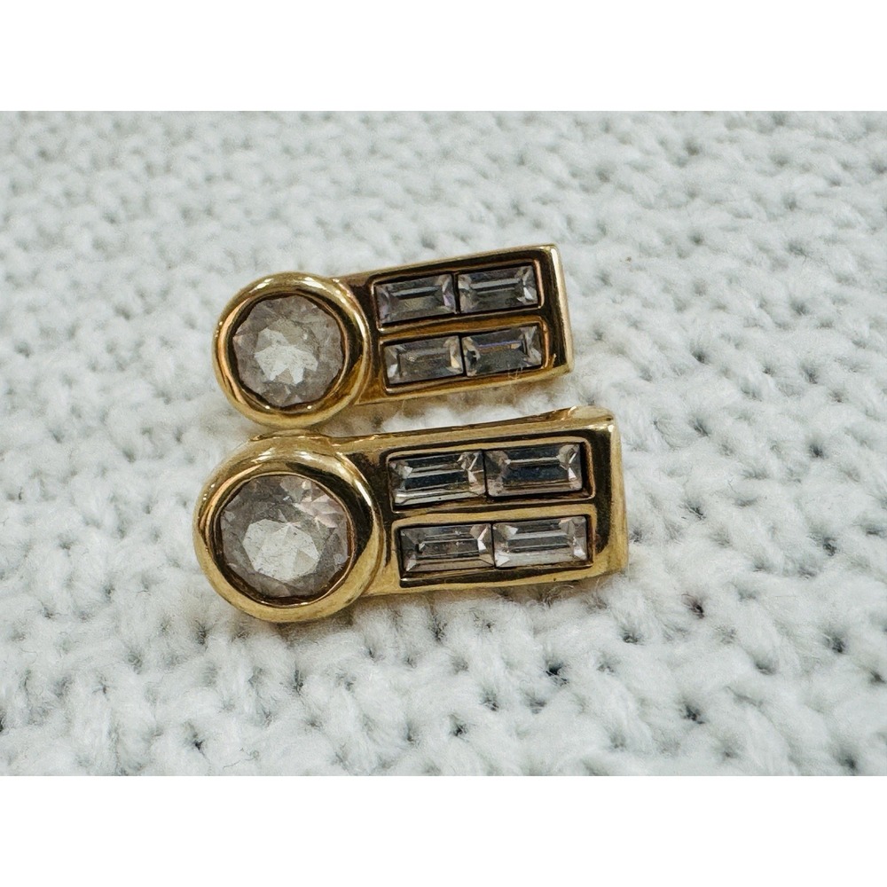 Vintage Swarovski S.A.L. Gold Tone Baguette Round Crystal Geometric Stud